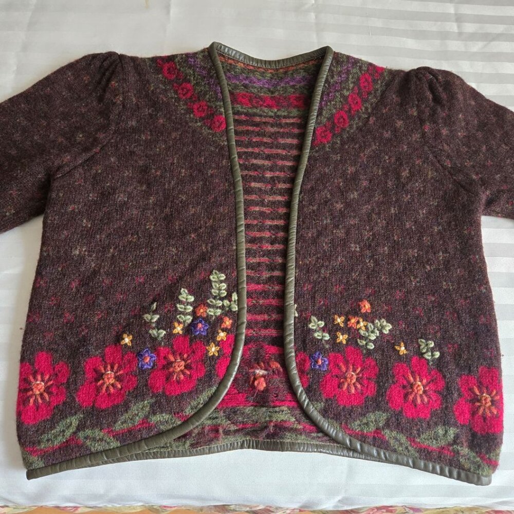 Vintage 90's Susan Bristol Knit Bolero Style Cardigan - leather trim Size M